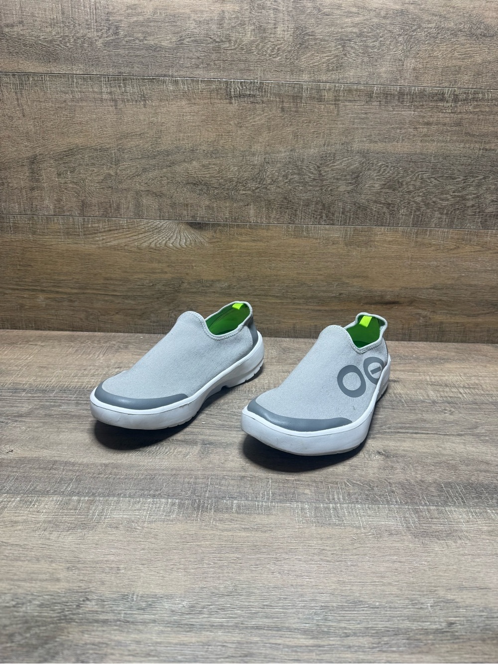 OOFOS Slip-On Flats - Light Gray with Neon Green Accent